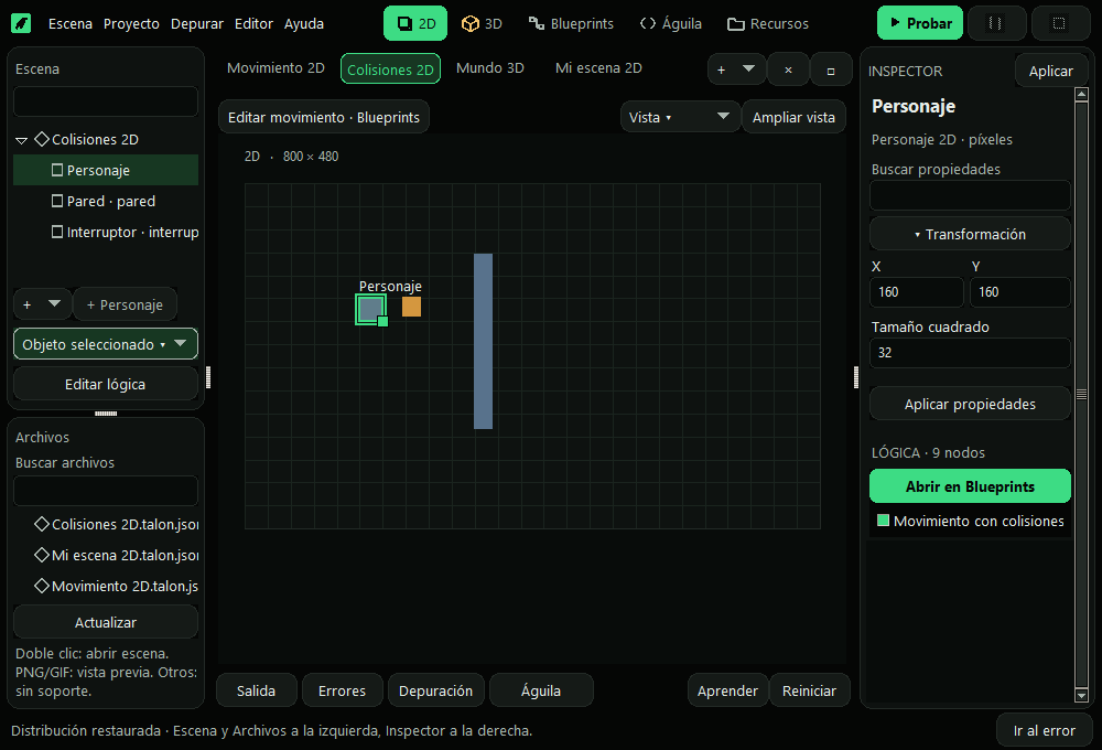 Vista real del editor 2D con árbol de escena e inspector