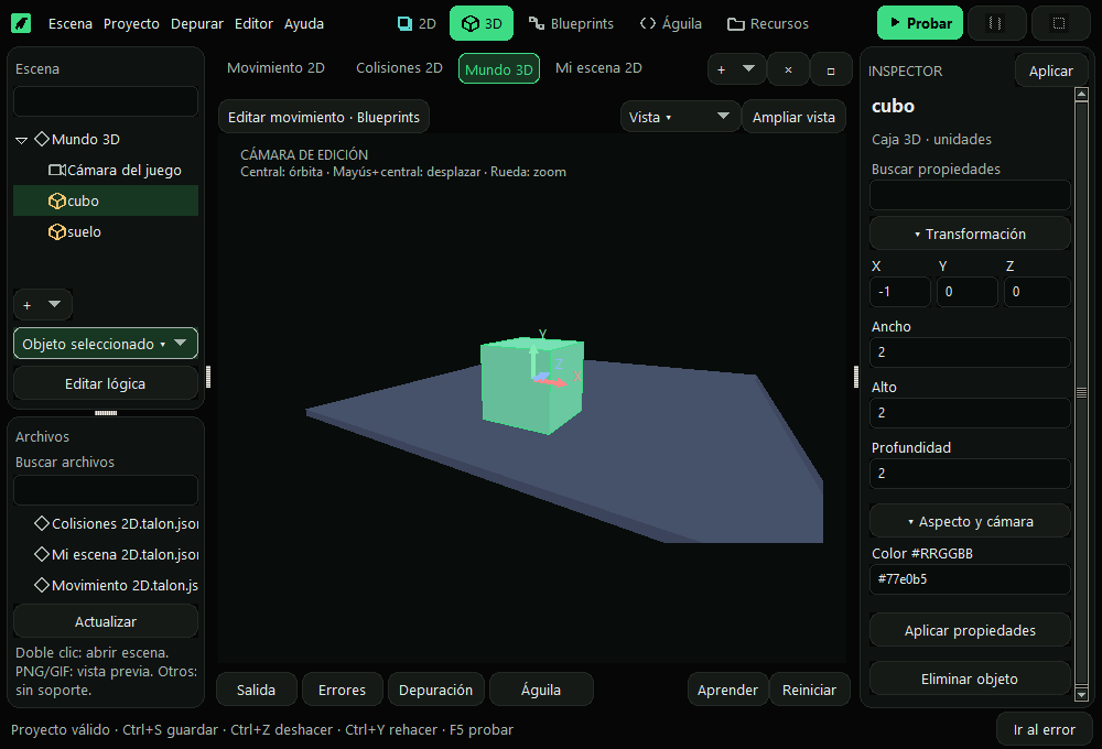 Vista real del editor 3D con cajas y cámara de edición